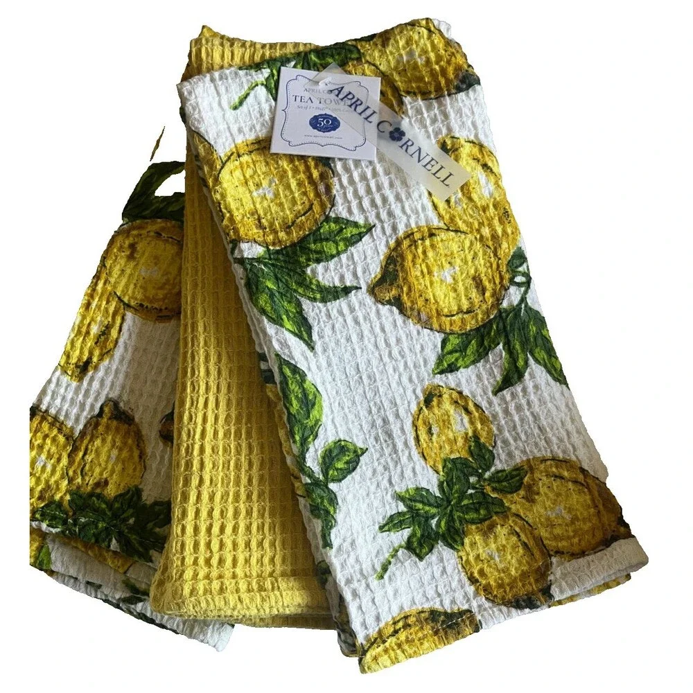 April Cornell Lemons Kitchen Dish Towels Set of 3 Waffle Weave Shabby Chic Lemon